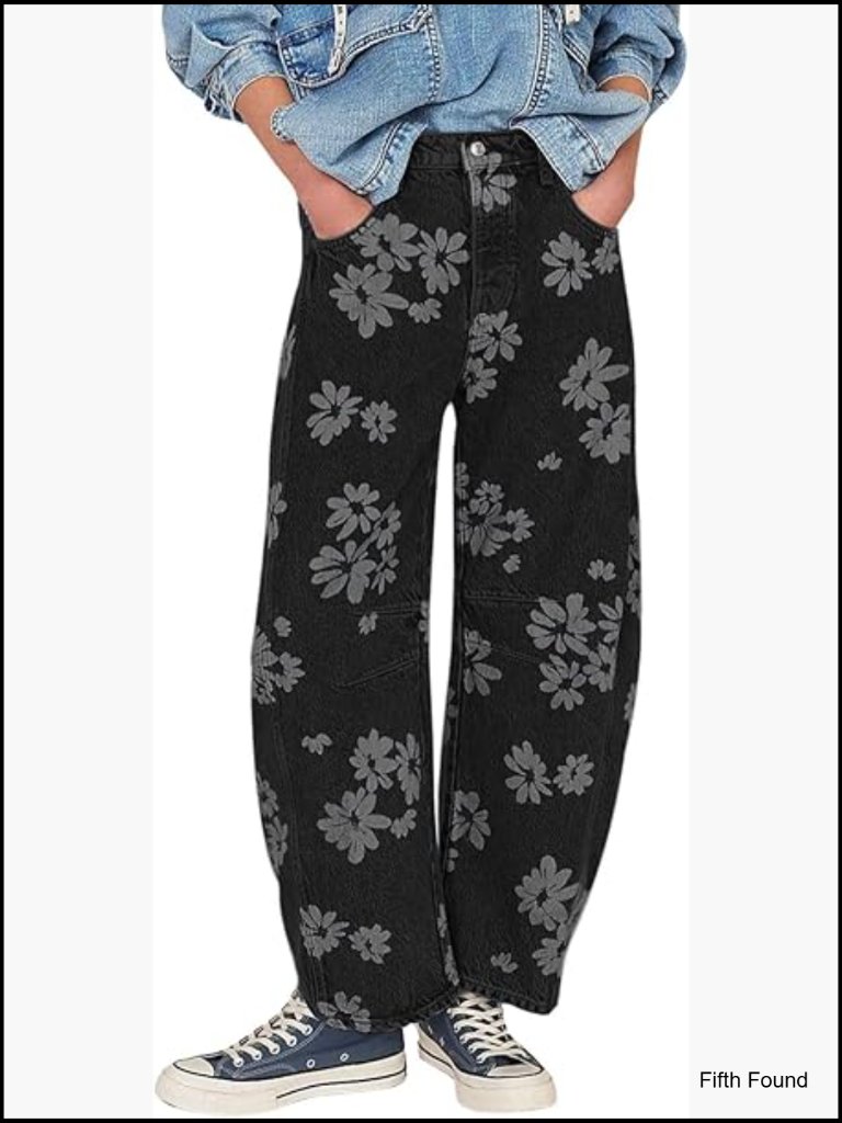 Women's Distressed Floral Patchwork Barrel Jeans Baggy Wide Leg Denim Pants